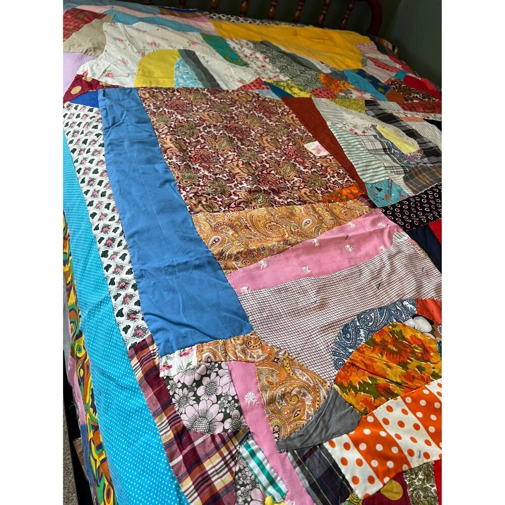 Hand Tied Scrap Crazy Quilt Reverses to Simple Squares